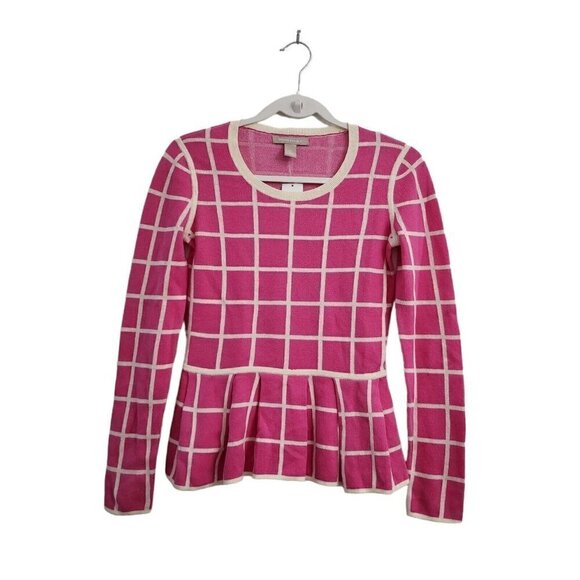 Banana Republic Sweater XS Pink Barbiecore Peplum Windowpane Long Sleeve NWT - Picture 1 of 11